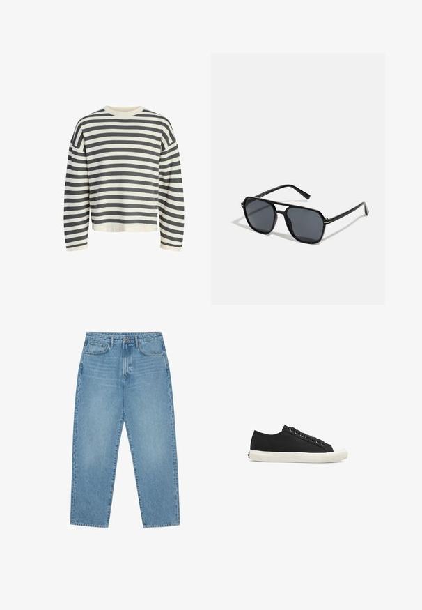 Raidallinen neulevaatteet vaaleassa kermassa ja tummanharmaassa, jossa on ribbed pyöreä kaula-aukko, pitkät hihat ja rento istuvuus, jossa on lyhennetty helma.; Vaaleansiniset leveälahkeiset farkut korkealla vyötäröllä, joissa on viisi taskua, vyölenkit ja pehmeä, hieman haalistunut pinta.; Les Deux TREVOR - Matalavartiset tennarit - black; Musta aurinkolasit, joissa on oktaalinen kehys, tummat linssit, kiiltävä pinta, ohuet templesit ja kultaiset yksityiskohdat etupuolella.