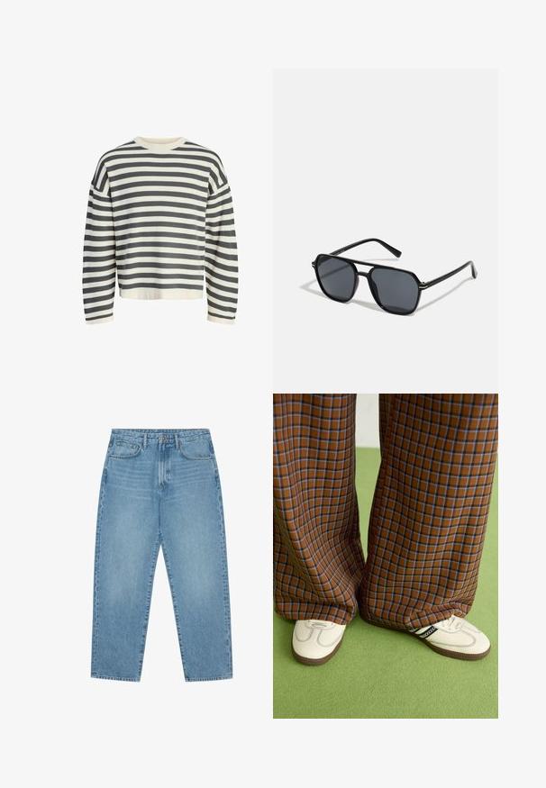 Pull rayé en crème et gris foncé, avec un col rond côtelé, des manches longues et une coupe décontractée avec un ourlet court.; Jean large en denim bleu clair avec taille haute, dotés de cinq poches, passants de ceinture et d'une texture douce légèrement délavée.; Un pantalon large à carreaux marron et bleu associé à des chaussures blanches avec des accents noirs et des semelles texturées, le tout sur fond vert.; Lunettes de soleil noires avec monture octogonale, verres foncés, finition brillante, branches fines et accents dorés sur l'avant.