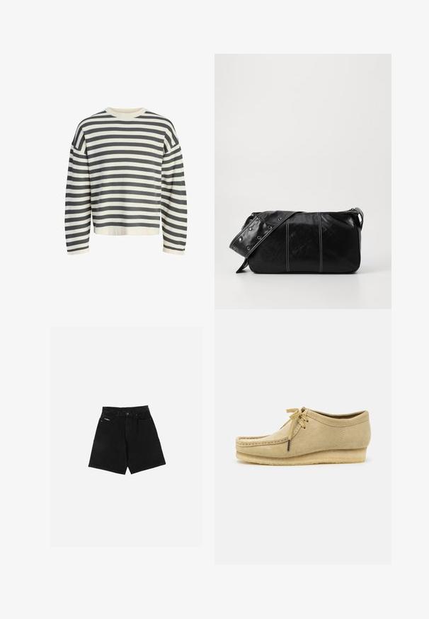 Gestreepte sweater in crème en donkergrijs, met een geribbelde ronde halslijn, lange mouwen en een relaxed model met een cropped onderkant.; Zwarte denim shorts met een rechte snit, voorzien van twee voorzakken, een knoopsluiting en een merklogo op de linkse zak. Gladde textuur.; Beige suède schoen met een vetersluiting, gestikte details en een rubberen zool. De vorm is casual met een lichte sleehak.; Zwarte leren schoudertas met een ritsluiting, voorzien van een gestructureerd lichaam, witte stiksels en een band met zilveren oogjes.