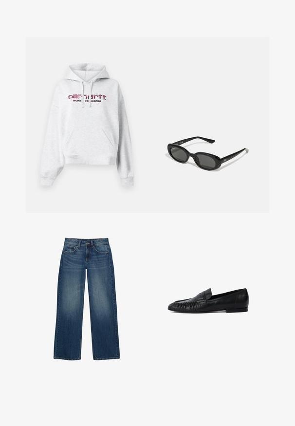 Grauer Hoodie aus Fleece-Stoff, mit einer Kängurutasche, Kordelzugkapuze und pink gesticktem "carhartt"-Logo mit "WORK IN PROGRESS."; Schwarzes Kurzarmtrikot mit weißen Streifen, auf der Vorderseite ist die Nummer "10" und "+ TEAMGEIST" gestickt. Hergestellt aus einem weichen, atmungsaktiven Material.; Weite blaue Denim-Jeans mit einem ausgewaschenen Finish, Fünf-Taschen-Design und kontrastierenden Nähten. Geschlossen mit einem Knopf und einem Reißverschluss.; Schwarze Lederloafers mit runder Zehe, gestickten Details an der Vorderseite und flacher Sohle. Minimalistisches Design mit dezentem Logoakzent.; Schwarze Sonnenbrille mit ovalen Gläsern, glänzendem Kunststoffrahmen und schlanken Bügeln. Mit Ray-Ban-Logo in Weiß an der Seite.