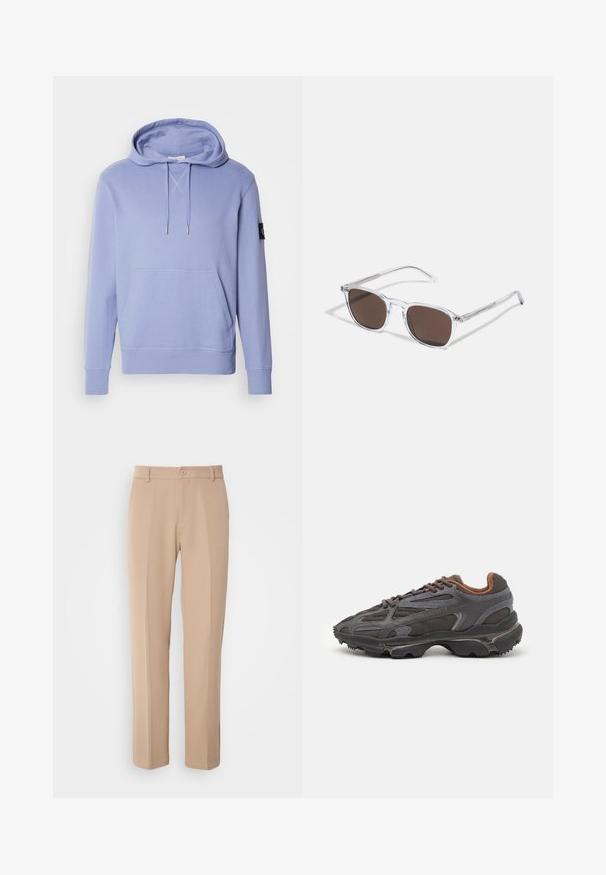 Felpa leggera di colore azzurro realizzata in tessuto morbido, con tasca frontale, cappuccio con lacci e polsini e orlo a costine. Dettagli di cucitura incrociata discreti.; Pantaloni beige realizzati in tessuto liscio, con un design a gamba dritta, chiusura frontale con bottone e dettagli di pieghe sottili lungo la parte anteriore.; Sneaker Lacoste grigie scure in materiale mesh e sintetico, con suola testurizzata e dettagli marroni sul colletto e sul branding.; Occhiali da sole trasparenti in plastica con lenti rettangolari marroni, dotati di sottili aste trasparenti e dettagli in metallo sulle tempie.