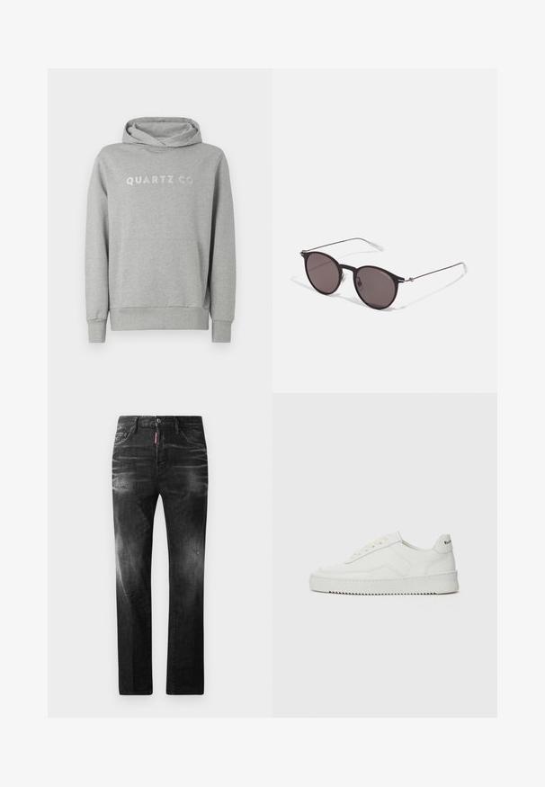 Sivý pulóver s kapucňou vyrobený z mäkkej látky, s kapucňou na šnúrku a prednou vreckom, s jemným dizajnom "QUARTZ CO" potlačeným na hrudi.; Čierne bavlnené tričko s okrúhlym výstrihom, krátkymi rukávmi a bielym logom "EMPORIO ARMANI" nad textom "Milano" v zakrivenej línii.; Čierne denimové džínsy so štandardným strihom. Obsahujú vyblednuté oblasti, drobné opotrebenie, klasický dizajn s piatimi vreckami a zapínanie na gombík.; Biele kožené tenisky s hladkým povrchom, okrúly špičkový dizajn, ploché šnúrky a textúrovaná podrážka. Obsahujú jemné logo na päte.; Čierne okrúhle slnečné okuliare s tmavými sklami a tenkými kovovými ramenami. Obsahujú priehľadné konce rámov a strieborné akcenty na pántoch. Minimalistický dizajn.