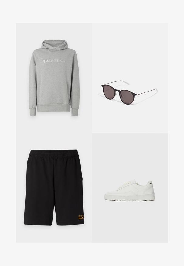 Sivý pulóver s kapucňou vyrobený z mäkkej látky, s kapucňou na šnúrku a prednou vreckom, s jemným dizajnom "QUARTZ CO" potlačeným na hrudi.; Čierne športové šortky vyrobené z jemného materiálu, s elastickým pásom a malým žltým logom EA7 na dolnej ľavej nohe.; Biele kožené tenisky s hladkým povrchom, okrúly špičkový dizajn, ploché šnúrky a textúrovaná podrážka. Obsahujú jemné logo na päte.; Čierne okrúhle slnečné okuliare s tmavými sklami a tenkými kovovými ramenami. Obsahujú priehľadné konce rámov a strieborné akcenty na pántoch. Minimalistický dizajn.