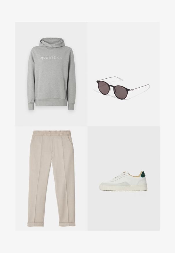 Felpa grigia con cappuccio realizzata in tessuto morbido, dotata di cappuccio regolabile con lacci e tasca frontale, con "QUARTZ CO" stampato in un design discreto sul petto.; Filippa K TERRY CROPPED TROUSERS - Pantaloni - sage melange; Sneaker bianco con accenti in camoscio, punta rotonda, lacci piatti e suola in gomma crema. Presenta un marchio verde sul tallone.; Occhiali da sole neri rotondi con lenti scure e sottili bracci in metallo. Include punte trasparenti e accenti argentati alla cerniera. Design minimalista.