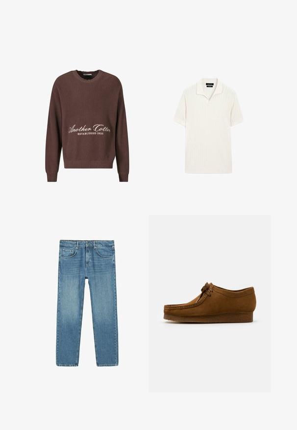 Brun ribbad stickad tröja med rundad halsringning. Har vitt tryck "Another Cotton Established 2023" på framsidan och ribbade ärmslut.; Kortärmad pikétröja i krämfärgad med ribbad textur och platt krage. Har en rak fåll och mjukt material för komfort.; Ljust blå denimjeans med rak passform, femfickorsdesign och subtila slitningar. Har en knapp- och dragkedjestängning i midjan.; Bruna mockaskor med rund tå och låg klack, detaljerad sömnad längs sömmarna och snörning framtill. Mjuk textur med strömlinjeformat design.