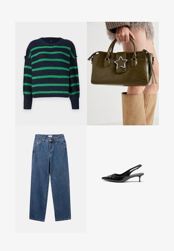 Marineblå strikkegenser med grønne horisontale striper og ribbede mansjetter, med rund hals og en litt løs passform.; Klassiske blå denimjeans med rett ben-design, fem lommer og knappelukking. Har en middels vask og solid tekstur.; Sorte skinnert remsandaler med spiss tå, liten kittenhæl og en dekorativ knute detalj foran. Glatt tekstur gjennom hele.; Oliven grønn faux lær håndveske med sølvstjerneakcent, doble håndtak og glidelåslukking. Teksturert overflate og strukturert form.