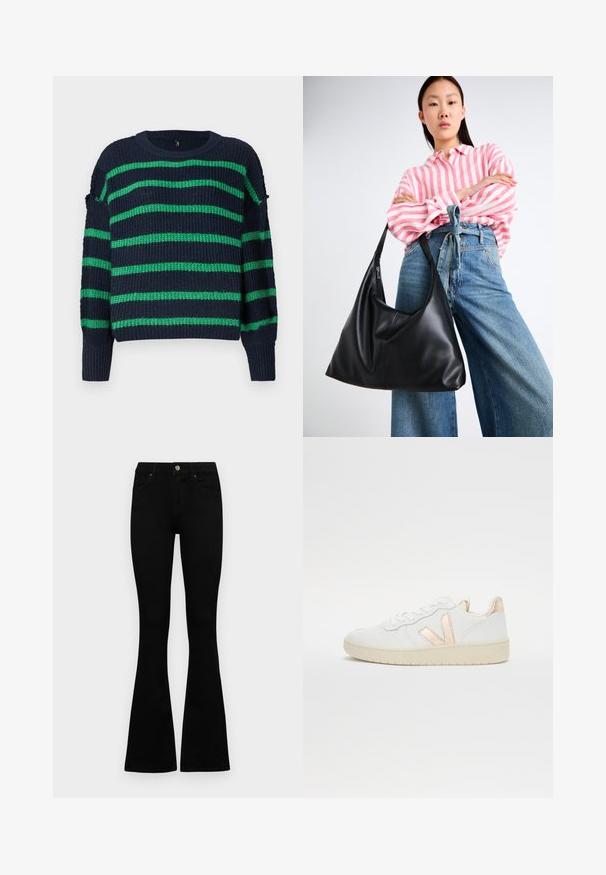 Tengerészkék kötött pulóver zöld vízszintes csíkokkal, bordázott mandzsettákkal, kerek nyakkivágással és enyhén laza szabással.; Fekete, magas derekú farmernadrág gomb- és cipzárzárral, elülső zsebekkel és harangszárral, laposan egy fehér háttérre terítve.; Fehér alacsony szárú sportcipők perforált textúrával, fémes rózsaarany kiegészítőkkel az oldalon és a hátsó részen. Gumi talp.; Fekete bőr válltáska, laza formával és varrás részletekkel. A model egy rózsaszín és fehér csíkos inget visel széles szárú kék farmernadrággal.