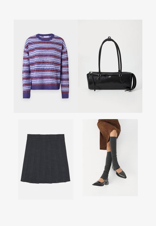 Vijoličasto, rdeče in belo puhasto črtasto dolg rokav pulover z okroglim izrezom ter rebrastimi manšeti in robom.; Temno siva nabrana krila z elastičnim pasom, ki ima teksturirano tkanino in klasično silhueto v obliki črke A. Primerna za vsakodnevno nošenje.; Črne lakirane čevlje s pointy prsti in blok peto ter z naramnicami za gleženj, ki jih kombiniramo s sivimi rebrastimi nogavicami in rjavim suknjičem iz usnja.; Črna usnjena torbica pravokotne oblike, gladke teksture, z dvema ročkama, zadrgo za zapiranje in majhnim logotipom spredaj.