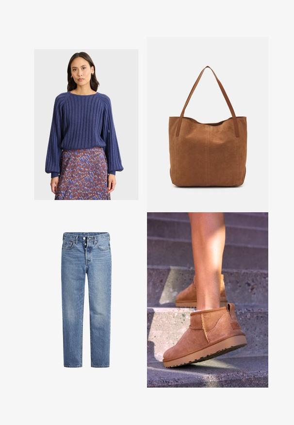 Nainen, jolla on päällään ribbikuvioinen tummansininen neulepaita, jossa on pullotasku hihat, sekä kuvioitu hame, joka on sävyissä purppura, ruoste ja valkoinen vaalealla taustalla.; Vaaleansiniset farkut suoran leikkauksen, viiden pussin designin ja nappisuljenta. Ominaisuuksiin kuuluu hienoinen haalistuminen ja oranssit ompeleet.; Kahdenruskeat mokkanahkaiset nilkkurit, joissa on pehmeä pinta, kirjailtua yksityiskohtaa ja kumipohja. Kengissä on myös kätevä lenkki kantapäässä, joka helpottaa pukemista.; Ruskean mokkanahkainen olkalaukku, jossa on kaksi pitkää kantohihnaa. Laukussa on sileä pinta, yksinkertainen muotoilu ja ei näkyviä materiaaleja tai koristeita.