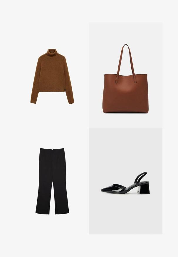 Hnědý rolák z měkkého pleteného materiálu, s ribbovaným límcem a dlouhými rukávy, s krátkým střihem a hladkou texturou.; Černé kalhoty s rovným střihem, s předními kapsami a bočními rozparky na lemu. Vyrobené z jemné, hladké tkaniny. Vhodné na různé příležitosti.; Černé lakované kožené lodičky na pásku s špičatou špičkou a geometrickým blokovým podpatkem. Vyznačují se elegantním, minimalistickým designem a hladkým povrchem.; Hnědá kožená taška přes rameno s hladkou texturou, otevřeným designem a dvěma ramenními popruhy. Obsahuje minimální švy a žádné viditelné kovové prvky.