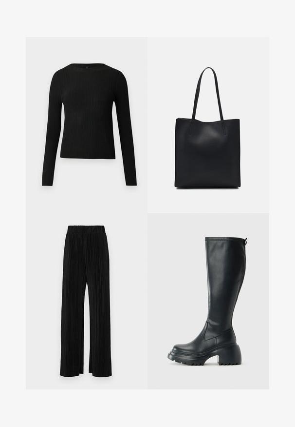 Mustmustriibuline must pikavarsiline sobiv sviiter ümmarguse kaelusega, esitatud helehallil taustal.; Mustad pleekitud püksid elastse vöökohtaga. Omavad laiad jalad ja sujuvat, tekstureeritud kangast vertikaalsete triipudega.; Kõrge must nahksaapad, millel on massiivne platvormi tald ja blokk-kand, varustatud tõmbenööriga ja tekstuuriga väljatõmbejääk.; Mustast nahast kott sujuva tekstuuriga, ristkülikukujuline ja kahe pika sangaga. Pole nähtavat riistvara ega kaunistusi.