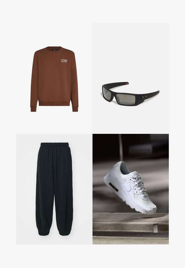 Brun sweatshirt med långa ärmar och ribbat rundhals. Har en vit broderad logotyp på vänstra bröstet. Mjuk tyg med slät textur.; Svarta, elastiska sweatpants med lös passform, mudd vid anklarna, slät textur och utan synliga mönster eller detaljer i metall.; Vita Nike Air Max 90 sneakers med en ovandel i mesh och läder, perforerad tåbox och en synlig luftenhet i hälen.; Svarta solglasögon med matt yta, rektangulära linser, lätt kurva vid skalmarna, diskret logotypdetalj och rökfärgade linser.