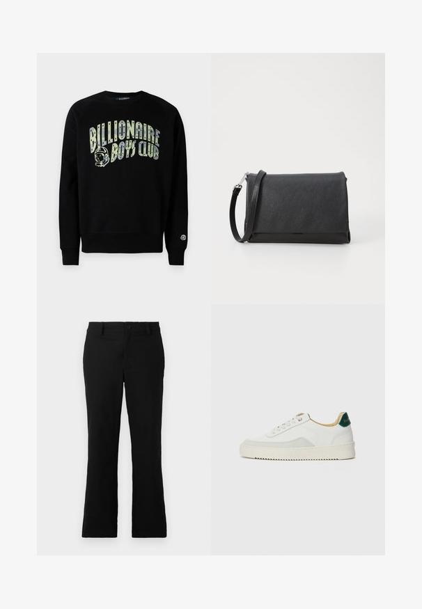 Sweatshirt preto com uma estampa gráfica que apresenta o texto "Billionaire Boys Club" e um logotipo de astronauta. Feita de material suave com punhos canelados.; Calças flare pretas feitas de um tecido de algodão misto, com fecho de botão, passantes para cinto e uma textura suave sem padrões visíveis.; Tênis brancos com detalhes em camurça, bico arredondado, atacadores planos e sola de borracha creme. Apresenta uma marcação verde no calcanhar.; Mala de mão em couro preto com acabamento texturizado, em forma retangular, e uma alça destacável. Possui fecho de aba e uma marcação discreta.