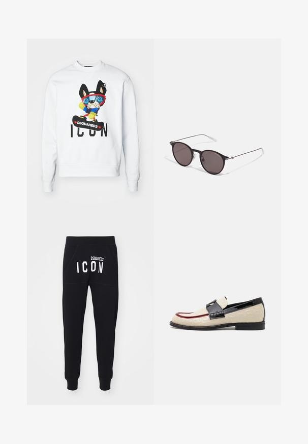 White sweatshirt featuring a colorful cartoon dog character in sports attire, with a large graphic and the text "DSQUARED2 ICON."; Black sweatpants featuring a soft texture, tapered legs, and pockets. The back displays "DSQUARED2 ICON" in bold white letters.; Beige loafers with embossed pattern, red accent stripe, and glossy black heel. Features a strap with buckle detail. Flat black sole.; Black round sunglasses with dark lenses and slim metal arms. Includes clear temple tips and silver accents at the hinge. Minimalist design.