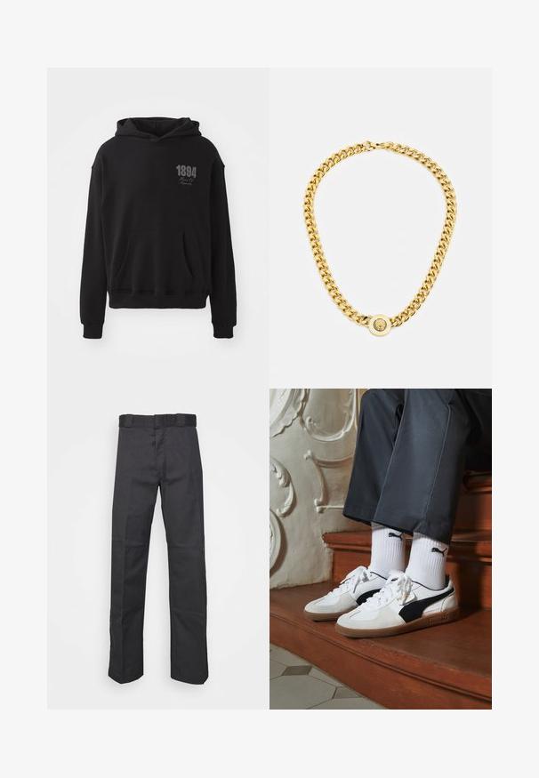 Čierna mikina s kapucňou vyrobená z mäkkej látky, s predným vreckom, na ktorom je potlač s rokom "1894" v sivej farbe na hrudi.; Čierne nohavice z odolnej tkaniny, s rovnými nohavicami, pásom s pútkami na opasok a švami pre zvýraznenie textúry.; Tenisky Puma v bielej a čiernej z semišu, s hnedou gumovou podrážkou. Kombinované s bielymi ponožkami s čiernym logom, nosené s tmavými nohavicami.; Zlatý náhrdelník s veľkými prepojenými článkami, ktorý má v strede okrúhly prívesok s vyvýšeným emblémom.