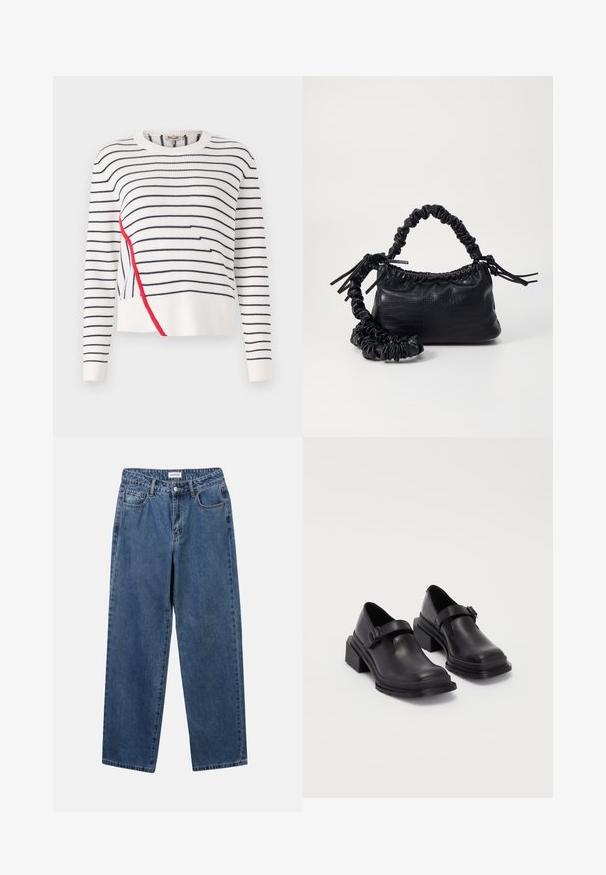 Valkoinen neulepaita, jossa on tummansinisiä vaakaraitoja ja punainen yksityiskohta vasemmalla puolella. Pyöreä kaula-auko ja pitkät hihat.; Classiset siniset farkut suoran lahkeen muotoilulla, viidellä taskulla ja napillakaan. Ominaisuudet: keskivahva pesu ja kestävä rakenne.; Mustat nahkakengät, joissa on pyöreä varvas, litteä pohja ja soljellinen hihna. Paksu lohkopohja lisää vakautta.; Must-have mustekahvi nahkalaukku krokotiiliaistalla, kiristetty yläosa ja rypistetty hihna. Näyttää pehmeältä ja kompaktilta muotoilultaan.