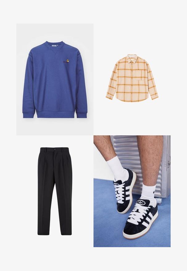 Sininen fleece-yläosa, jossa on resorikujat ja helma. Ominaisuuksina pyöreä pääntie ja pieni brodeerattu logo rinnassa. Pehmeä pinta.; Beige pitkähihaine ruudullinen paita, jossa on keltaisia ja ruskeita ruutuja, napitettava malli, yksi rintatasku, valmistettu kestävistä materiaaleista.; Mustat housut, joissa on laskostettu etuosa, valmistettu sileästä kankaasta. Varustettu nappikiinnityksellä ja vyölenkeillä; suora lahje.; Mustat mokkasneakersit, joissa on valkoiset nauhat ja kolme valkoista raitaa. Kengissä on ympyrän muotoinen musta logo kielen päällä ja kuminen pohja.