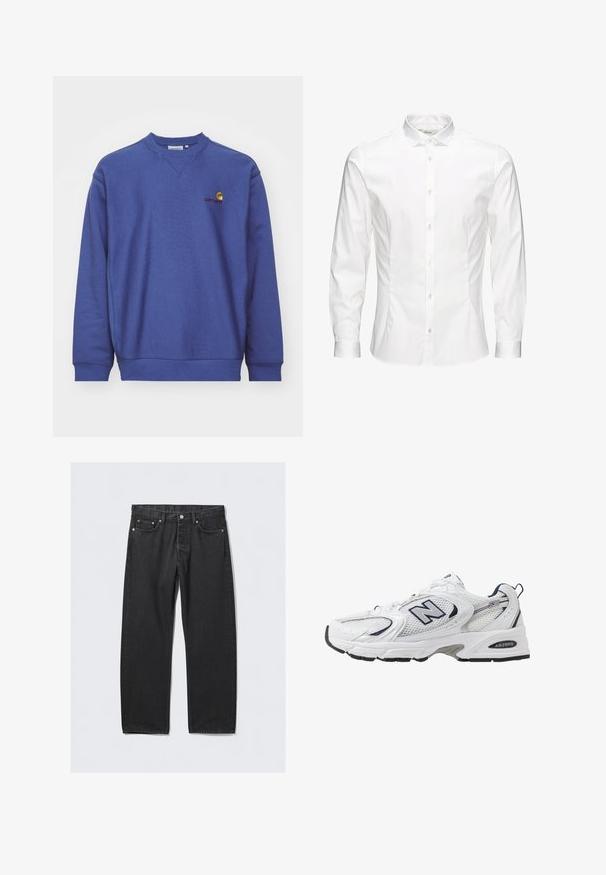 Mėlynas pūkinis džemperis su gembiniu apdailu ir apačia. Yra apvalus kaklas ir mažas siuvinėtas logotipas ant krūtinės. Minkšta tekstūra.; Balta ilgomis rankovėmis mygtukinė marškiniai, pagaminti iš lygaus audinio. Turi klasikinį apykaklę, priekinę mygtukų uždarymą ir vieno mygtuko rankogalius. Slim fit dizainas.; Juodos džinsinės kelnės su tiesiu kirpimu, turinčios mygtukų užtrauktuką, penkias kišenes ir vario spalvos detales. Praeities tekstūra.; Balti sportiniai batai su tinkliniu viršumi, tamsiai mėlynais akcentais ir paminkštintu padu. Yra "N" logotipas, raišteliai ir tekstūruota detalė šone.