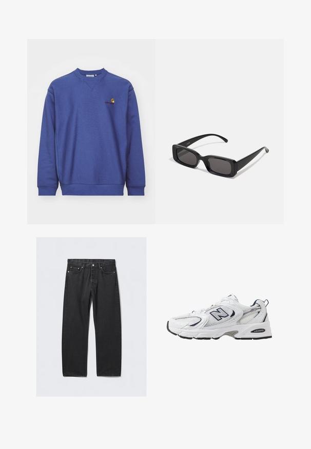 Sweatshirt en polaire bleue avec des poignets et un ourlet côtelés. Il présente un col rond et un petit logo brodé sur la poitrine. Texture douce.; Chemise blanche à manches longues avec boutons, fabriquée dans un tissu lisse. Dotée d'un col classique, de boutons sur le devant et de poignets à un bouton. Design ajusté.; Jeans en denim noir avec une coupe droite, dotés d'un bouton d'ouverture, de cinq poches et d'accents en métal cuivré. Texture lisse.; B baskets blanches avec une tige en mesh, des accents bleu marine et une semelle rembourrée. Présente le logo "N", des lacets et un détail texturé sur le côté.; Lunettes de soleil noires rectangulaires avec des verres foncés, finition brillante, larges branches et un design de monture épaisse. Nom de marque gravé sur une branche.