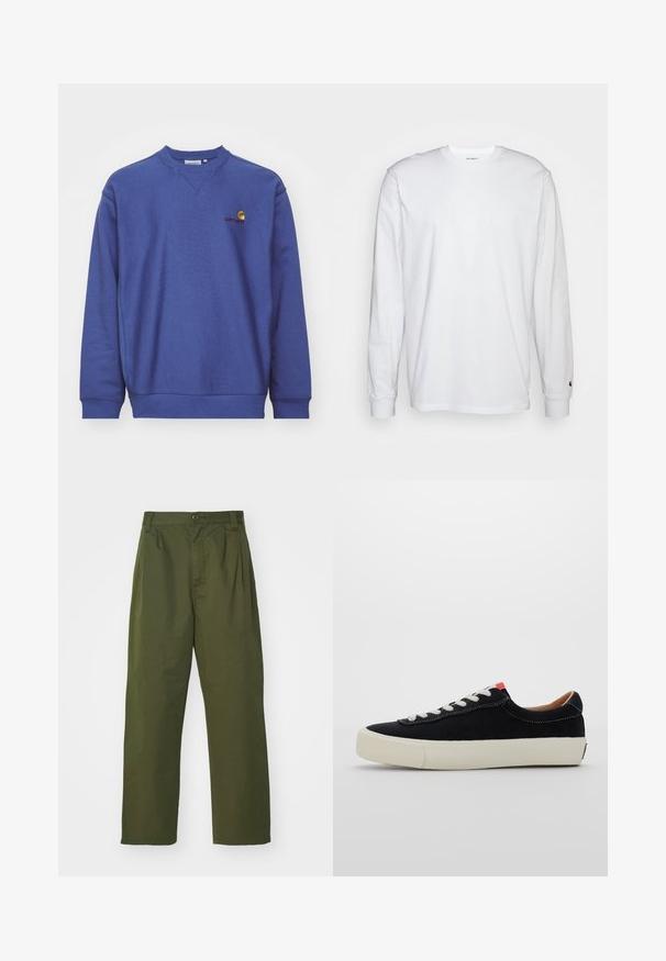 Zila vilnas džemperis ar ribotām apkaklēm un apakšmalu. Iespējo apaļu apkakli un mazu izšūtu logotipu uz krūšu daļas. Mīksta tekstūra.; Balta garām piedurknēm T-kreklā, kas izgatavots no kokvilnas. Arapa kakla dizains ar ribotām aprocēm un mazu logotipu uz kreisās piedurknes. Gluda tekstūra.; Olīvzaļas augstas vidukļa bikses ar taisnu kāju dizainu. Izgatavotas no viegla auduma, ar priekšu krokām un pogu aizdari.; Melnas auduma sporta apavi ar baltām šņorēm, bēša gumijas zole un sarkans akcents papēdī. Apaļa purngala forma un minimālistisks šuvju dizains.