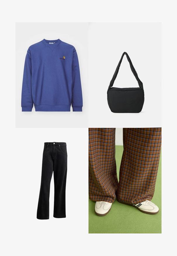 Blaue Fleece-Sweatshirt mit gerippten Bündchen und Saum. Verfügt über einen runden Halsausschnitt und ein kleines gesticktes Logo auf der Brust. Weiche Textur.; Schwarze Denim-Jeans mit geradem Bein, ausgestattet mit Fronttaschen, einem Knopfverschluss und einer leichten Struktur. Inclusiv eines dezenten Logodetails.; Braun und blaue Karohosen mit weitem Bein, kombiniert mit weißen Schuhen mit schwarzen Akzenten und strukturierten Sohlen, vor einem grünen Hintergrund.; Schwarze Schultertasche mit gepolsterter Textur, runder Form und breitem Tragegurt, mit geprägtem Logo auf der Vorderseite.