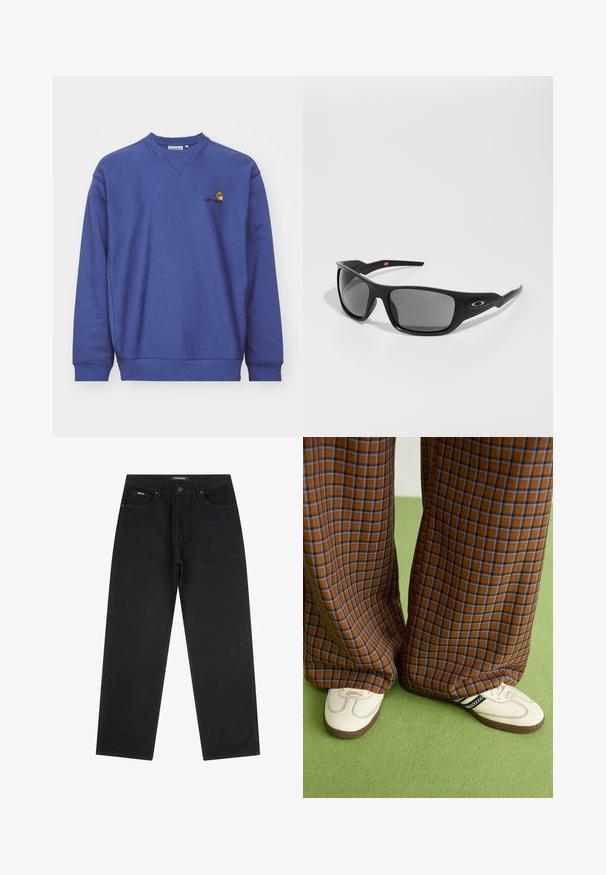 Blauwe fleece sweatshirt met ribbelmanchetten en -zoom. Heeft een ronde halslijn en een klein geborduurd logo op de borst. Zachte textuur.; Zwarte rechte jeans met voorste knop en rits, riemlussen en vijf-pocket ontwerp, plat gelegd op een witte achtergrond.; Bruine en blauwe geruite wijde broek, gecombineerd met witte schoenen met zwarte accenten en een gestructureerde zool, gezet tegen een groene achtergrond.; Zwarte zonnebril met een rechthoekige vorm, gemaakt van duurzaam plastic, met grijzige getinte glazen en een gouden accent aan de zijkant.