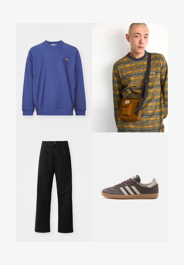 Blauwe fleece sweatshirt met ribbelmanchetten en -zoom. Heeft een ronde halslijn en een klein geborduurd logo op de borst. Zachte textuur.; Zwarte denim broek met een rechte pasvorm, voorzien van voorzakken, een rits en een enkele bovenste knoop. Gestructureerde stof met een matte afwerking.; Bruine leren sneaker met drie lichtgekleurde strepen, rubberen gumzool, ronde neus en gestructureerde nubuck accenten op de hiel en neus.; Bruine stoffen schoudertas met rits en voorvak; gedragen over een grijs en oranje gestreepte lange mouw shirt met logo patch.