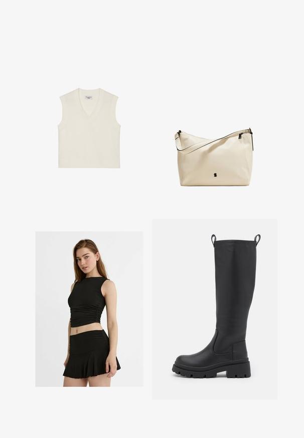 Cream sleeveless knit vest with a V-neck, ribbed hem, and textured fabric. Simple design with no patterns or embellishments.; Black two-piece outfit featuring a sleeveless, cropped top with ruching and a flared mini skirt, both in a smooth, stretchy fabric.; Black knee-high boot made of smooth leather with a chunky sole and slight heel. Features pull tabs and elastic side panels for easy wear.; Beige leather shoulder bag with a black zipper and strap, featuring a smooth texture and a minimalistic design with a small logo accent.
