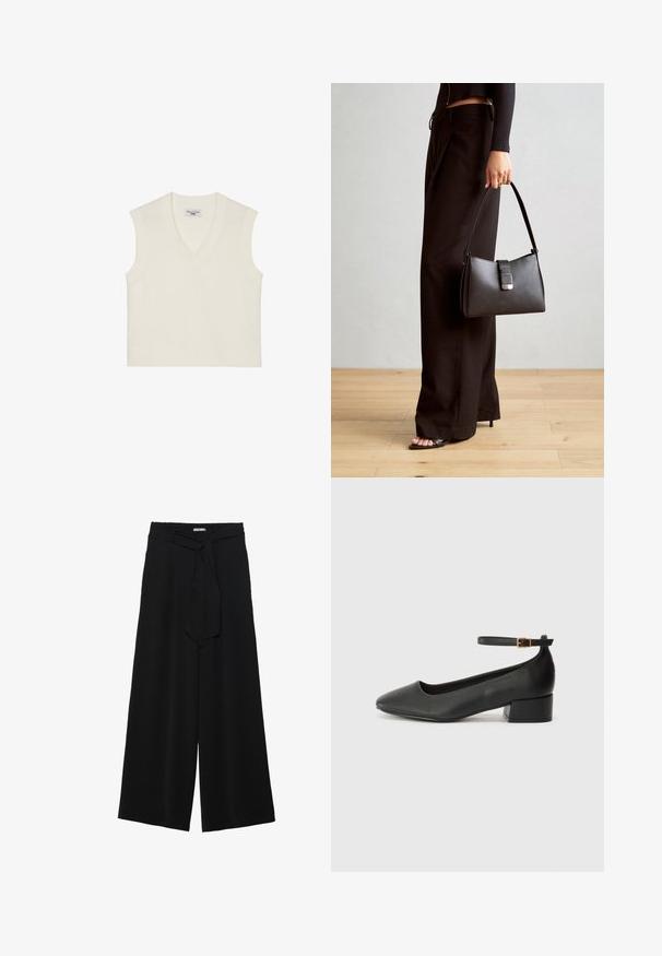 Cream sleeveless knit vest with a V-neck, ribbed hem, and textured fabric. Simple design with no patterns or embellishments.; Black wide-leg pants featuring a textured fabric, an elastic waistband, and a detachable sash tie at the waist for adjustable fit.; Black leather pump with a pointed toe and a low block heel. Features an ankle strap with a gold-tone buckle. Smooth texture.; Black handbag with structured shape, smooth texture, and a metallic clasp. Paired with wide black pants and open-toe sandals on wooden floor.
