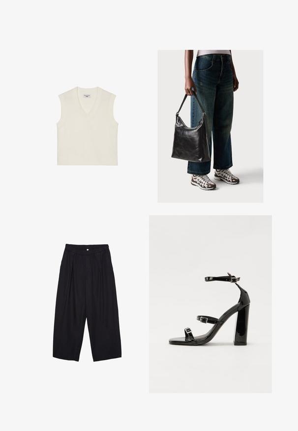 Kremasti bezrukavni pleteni prsluk s V-izrezom, rebrastim rubom i teksturiranom tkaninom. Jednostavan dizajn bez uzoraka ili ukrasa.; Crne poliester hlače culotte s elastičnim pojasom, dva prednja nabora i širokim krojem. Nema vidljivih uzoraka ili metalnih detalja.; Crne lakirane sandale na pete sa kvadratnim nosom, trakama oko gležnja i srebrnim kopčama. Imaju čvrst blok petu za stabilnost.; Crna kožna torba za rame s glatkom teksturom i podešivim remenom, u kombinaciji s izblijedjelim širokim trapericama i sportskim tenisicama.