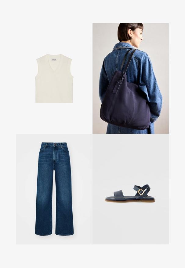 Gilet senza maniche di maglia crema con scollatura a V, orlo a coste e tessuto testurizzato. Design semplice senza motivi o decorazioni.; Jeans a vita alta e gamba larga in denim blu scuro con una texture liscia, cuciture a contrasto e design a cinque tasche. Chiusura frontale con bottone.; Sandal in pelle blu navy con una ampia fascia frontale e cinghie incrociate sul retro, caratterizzata da un accento di fibbia dorata e una suola piatta marrone.; Borsa a spalla in tela blu navy con una forma morbida e strutturata, dotata di una tracolla nera, dettagli cuciti e una piccola etichetta del marchio.
