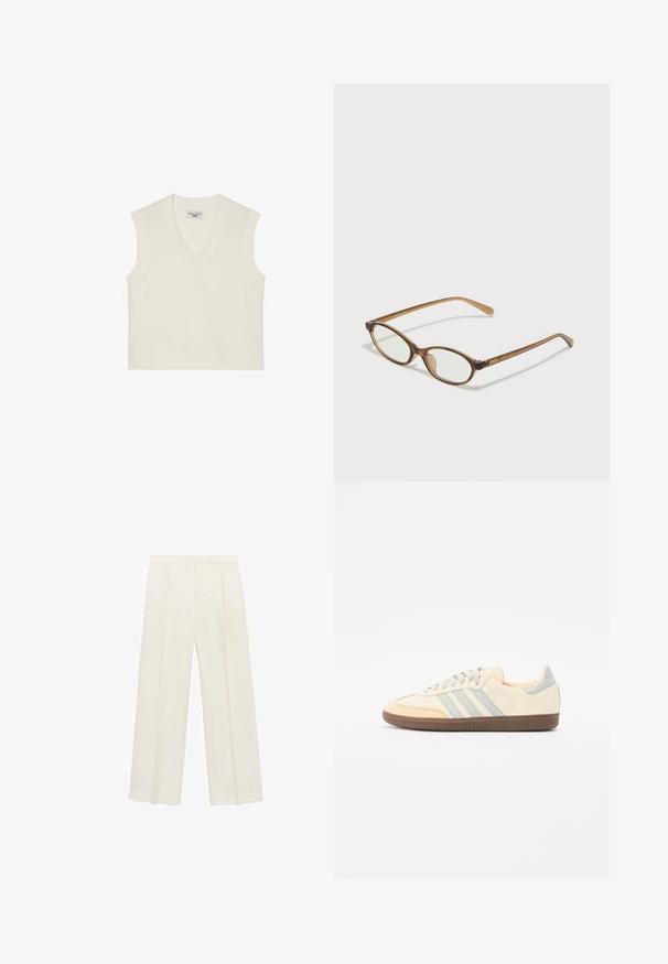 Kremowy bezrękawnik z dzianiny z dekoltem w szpic, prążkowanym dołem i teksturowanym materiałem. Prosty design bez wzorów czy ozdób.; Spodnie o szerokich nogawkach w jasnym kolorze kremowym. Wykonane z gładkiego materiału, z plisami z przodu i bocznymi kieszeniami.; Sneakers z kremową skórzaną cholewką, jasnoniebieskimi paskami i brzoskwiniowymi akcentami. Posiadają teksturowaną brązową gumową podeszwę oraz minimalistyczny design.; Brązowe okulary w motyle z owalnymi soczewkami, cienkimi ramionami i przezroczystymi akcentami. Posiadają subtelne logo na zauszniku. Smukły, lekki design.