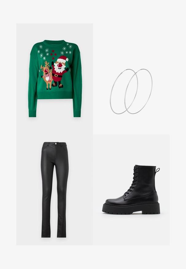 Maglione verde lavorato a maglia con un design di Babbo Natale e renne, arricchito da fiocchi di neve e cuori. Collo e polsini a costine.; Pantaloni neri in pelle sintetica con vestibilità slim, dotati di chiusura anteriore con bottone, due tasche frontali e un orlo leggermente svasato nella parte inferiore.; Stivaletti in pelle nera alla caviglia con punta rotonda, lace-up frontale e suola in gomma spessa con battistrada textured. Tassello sul retro.; Orecchini a cerchio in argento con un design minimalista. Forma circolare, superficie liscia e profilo sottile. Leggeri con una finitura lucida.