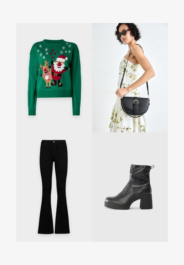 Vihreä neulepaita, jossa on joulupukin ja poron kuvio, lumihiutaleiden ja sydänten koristeluna. Hihansuut ja kaulus ovat ribbattuja.; Mustat korkeavyötäröiset farkut nappi- ja vetskariyläosalla, etutaskuilla ja levenevillä lahkeilla, asetettuna tasaisesti valkoista taustaa vasten.; Mustat nilkkurit, jotka on valmistettu sileästä nahasta. Niissä on sivuvetoketju, paksu teksturoitu korko ja pyöristetty kärki.; Musta nahkainen käsilaukku, joka on kaareva muotoilultaan, irrotettavalla hihnalla ja kultaisilla yksityiskohdilla. Laukussa on läppä, jossa on solk yksityiskohta.
