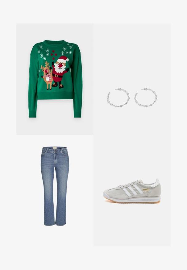 Zöld kötött pulóver Mikulás és rénszarvas mintával, hópelyhekkel és szív dekorációval. Bordás gallér és mandzsetták.; Középkék egyenes szárú farmernadrág elöl gombos és cipzáras záródással, övrésszel, valamint elülső és hátsó zsebekkel.; Világosszürke sportcipő velúr és hálós anyagból, három fehér csíkkal, kerek orral és gumi talppal. Arany logó dísz a fűzők közelében.; Ezüst karika fülbevalók csavart kialakítással, fényes felülettel és fülbevaló tűzáras zárással. Átmérőjük körülbelül 3 cm.
