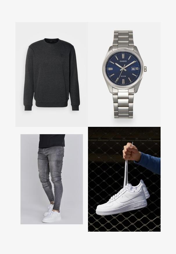 Mørkegrå sweatshirt lavet af blødt stof, har en rund halsudskæring, lange ærmer og et lille præget logo på fronten.; Slank jeans i falmet grå denim med slidte detaljer ved knæene, parret med hvide sneakers. Glat tekstur, slim fit design.; Hvide lædersneakers med perforeringer, rund tå, flad sål og tykke snørebånd, med et synligt swoosh-logo og "AIR" på hælen.; Sølv rustfrit stål urrem med en marineblå urskive, metallic timemarkører og et datovindue kl. 3. Vandafvisende op til 50 meter.