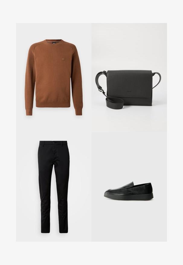 Καφέ πλεκτό πουλόβερ με στρογγυλή λαιμόκοψη και ριμπ μανίκια, που διαθέτει έναν διακριτικό λογότυπο στο στήθος και ομαλή υφή.; Μαύρο παντελόνι με στενή εφαρμογή, κατασκευασμένο από λείο ύφασμα. Διαθέτει ζώνη με κούμπωμα και ίσια πόδια.; Calvin Klein HYBRID CUP - Παπούτσια χωρίς κορδόνια - triple black; Μαύρη δερμάτινη τσάντα crossbody με υφασμάτινη υφή, ορθογώνιο σχήμα, κλείσιμο με καπάκι, ρυθμιζόμενο λουρί και διακριτική λεπτομέρεια με λογότυπο.