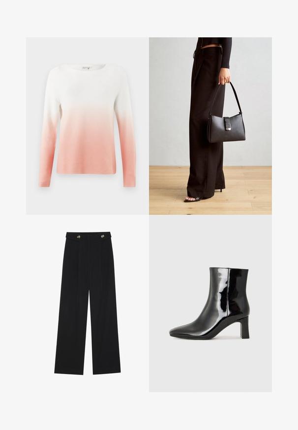 Dlhý rukáv pletený sveter s gradientom od bielej po jemnú ružovú, vyrobený z ľahkého materiálu s textúrovaným povrchom.; Čierne široké nohavice s vysokým pásom, so zapínaním na gombíky na páse a prednými sklady.; Čierne lakované členkové topánky s špicatou špičkou a stredne vysokým blokovým podpätkom. Hladká textúra a minimalistický dizajn.; Čierna kabelka so štruktúrovaným tvarom, hladkou textúrou a kovovou sponou. V kombinácii so širokými čiernymi nohavicami a sandálmi s otvorenou špičkou na drevenej podlahe.
