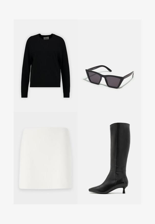Maglione nero a maglia con scollo rotondo, maniche lunghe a raglan e orlo a coste. Texture liscia, design minimale, senza pattern o dettagli visibili.; Mini gonna bianca, aderente, con una texture liscia e linee pulite. Nessun motivo visibile o accessori. Orlo dritto sul fondo.; Zign Stivali alti - black; Occhiali da sole neri e angolari con lenti grigie; realizzati in plastica, con aste spesse dalla superficie liscia e senza hardware visibile.; Borsa a pochette nera in suede con chiusura a zip e tracolla rimovibile. Presenta hardware in tonalità oro e una texture liscia e opaca.
