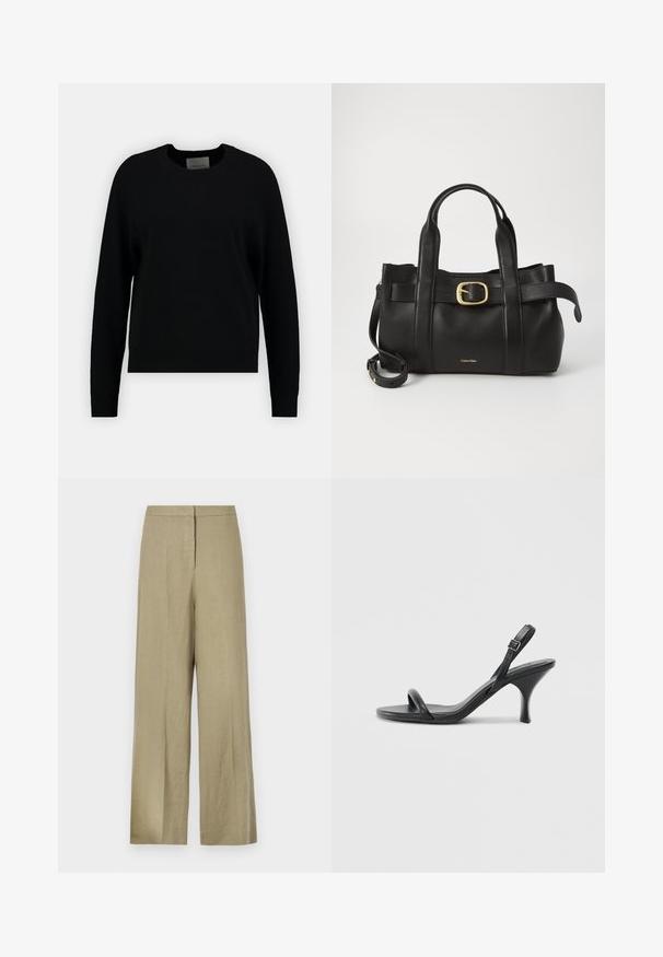 Crni pleteni pulover s okruglim izrezom, dugim raglan rukavima i rebrastim rubom. Glatka tekstura, minimalni dizajn, bez vidljivih uzoraka ili akcenta.; Svijetlozelene, široke hlače od lana. Imaju visoki struk i jednostavan prednji dizajn s jednim nabranim detaljem.; Crne kožne sandale na visoku petu s tankom, zakrivljenom petom i dizajnom prekriženih traka. Podesiva traka oko gležnja. Glatka tekstura.; Crna kožna torba s strukturiranim dizajnom, dvostrukim gornjim ručkama, zlatnim kopčom kao naglaskom i utisnutim logotipom marke sprijeda.