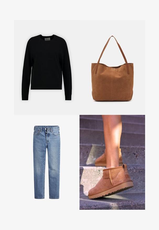 Schwarzer Strickpullover mit Rundhalsausschnitt, langen Raglanärmeln und ribbeltem Saum. Glatte Textur, minimalistisches Design, keine sichtbaren Muster oder Akzente.; Helle blaue Jeans im geraden Schnitt, mit fünf Taschen und einem Knopfverschluss. Sie weisen dezente Verfärbungen und orangefarbene Nähte auf.; Beige Wildleder-Ankelstiefel mit weicher Textur, gesteppten Details und einer Gummisohle, ausgestattet mit einer Schlaufe an der Ferse für einfaches An- und Ausziehen.; Braune Wildleder-Tote mit zwei langen Henkeln, die eine glatte Textur, ein einfaches Design und keine sichtbaren Beschläge oder Akzente aufweist.