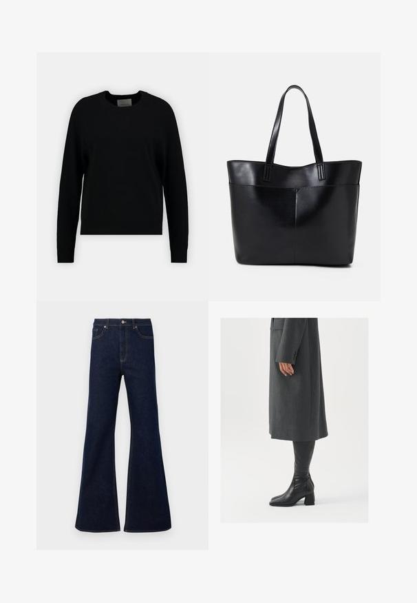 Svart strikkegenser med rund hals, lange raglanermer og ribbestrikket kant. Glatt tekstur, minimalistisk design, ingen synlige mønstre eller detaljer.; Mørkeblå vide denimjeans med høy midje, frontlommer og gyldne sømdetaljer. Glatt tekstur med tradisjonell passform.; Grå, skreddersydd frakk med rett snitt; kombinert med knehøye svarte lærstøvler med firkantet tå og kraftig hæl.; Svart lær toteveske med to lange håndtak, en glatt tekstur og en strukturert form. Har en frontlomme for ekstra oppbevaring.