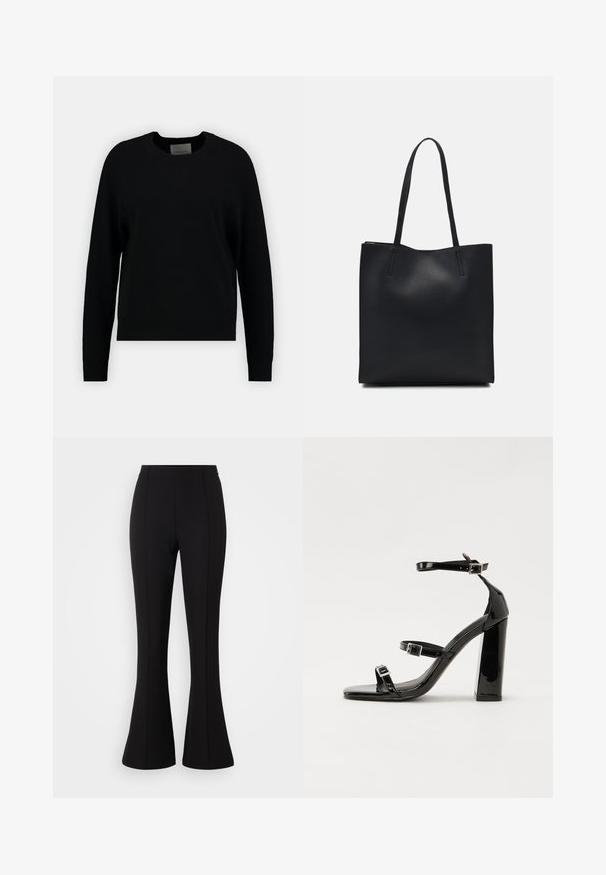 Black knit sweater with a round neckline, long raglan sleeves, and a ribbed hem. Smooth texture, minimal design, no visible patterns or accents.; Black flared pants made from stretchy fabric, featuring a smooth texture, high waist, and seam detailing along the front.; Black patent heeled sandals with a square toe, ankle straps, and silver buckles. Features a chunky block heel for stability.; Black leather tote bag with smooth texture, rectangular shape, and two long handles. No visible hardware or embellishments.
