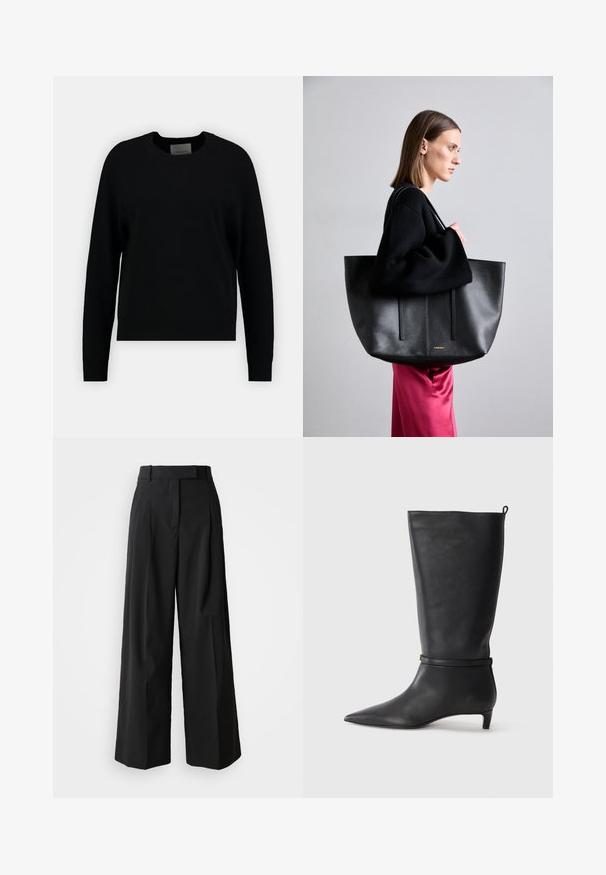 Crni pleteni pulover s okruglim izrezom, dugim raglan rukavima i rebrastim rubom. Glatka tekstura, minimalni dizajn, bez vidljivih uzoraka ili akcenta.; Crne široke hlače izrađene od glatke tkanine s visokim strukom, s dva prednja nabora i krojem koji prati liniju tijela.; Crne kožne čizme visine do koljena s izduženim prstima, ukrašene okruglom trakom oko gležnja i niskom, suženom petom. Glatka tekstura.; Crna kožna torba tote s teksturiranom završnom obradom, koja ima dvije vertikalne linije, duple naramenice i minimalistički dizajn.