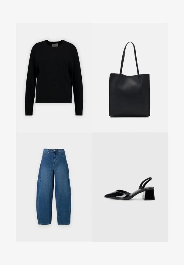 Černý pletený svetr s kulatým výstřihem, dlouhými raglánovými rukávy a žebrovaným lemem. Hladká textura, minimalistický design, žádné viditelné vzory ani akcenty.; Džínové kalhoty v středně modrém praní, s vysokým pasem, širokým střihem nohavic a standardním designem pěti kapes s viditelnými švy.; Černé lakované kožené lodičky na pásku s špičatou špičkou a geometrickým blokovým podpatkem. Vyznačují se elegantním, minimalistickým designem a hladkým povrchem.; Černá kožená taška přes rameno s hladkým povrchem, obdélníkovým tvarem a dvěma dlouhými uchy. Žádné viditelné kování ani ozdoby.