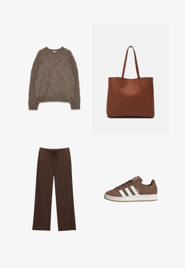 Hnedý chlpatý sveter, dlhé rukávy, okrúhly výstrih, voľný strih, mäkká textúra s chundelatým vzhľadom, žiadne viditeľné kovanie ani akcenty.; Hnedé nohavice s širokými nohavicami vyrobené z mäkkej tkaniny, so sťahovacím pásom a dvomi bočnými vreckami.; Hnedé semišové tenisky s bielymi koženými pruhmi, gumovou podrážkou, okrúhlou špičkou a šnurovaním. Obsahujú logo na jazyku a perforované akcenty.; Hnedá kožená taška na rameno s hladkou textúrou, otvoreným vrchom a dvoma ramenými popruhmi. Má minimálne šitia a žiadne viditeľné kovania.