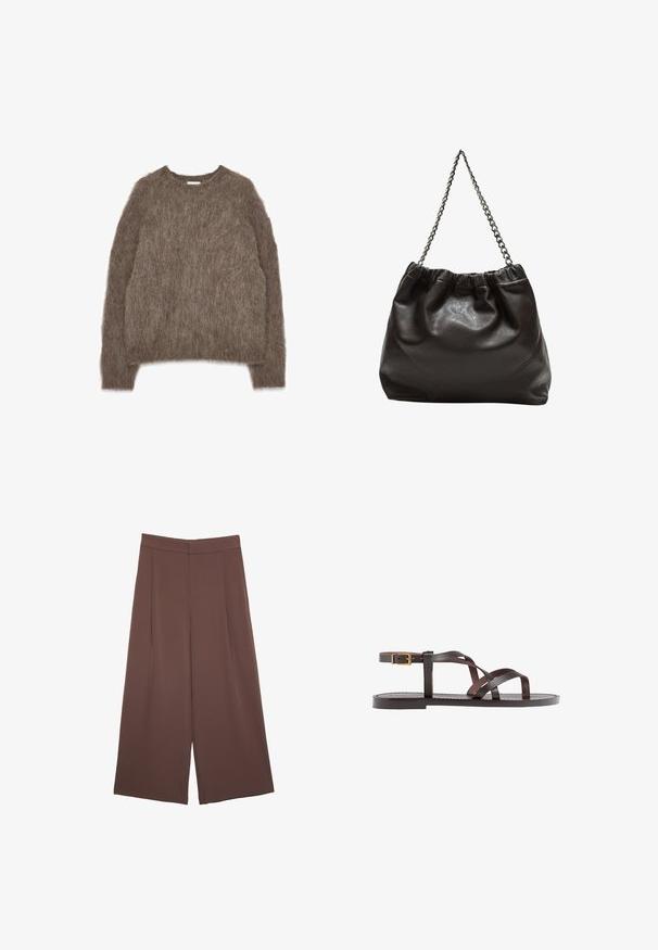 Brauner, flauschiger Pullover, lange Ärmel, Rundhalsausschnitt, lockere Passform, weiche Textur mit einem strubbeligen Aussehen, keine sichtbare Hardware oder Akzente.; Braune Weite-Leg-Hosen mit einer glatten Textur, hoher Taille und Vorderfalten. Der Stoff ist leicht und fällt locker.; Braune Leder-Sandale mit überkreuzten Riemen, einem Knöchelriemen mit Schnalle und einer flachen Sohle mit minimalen Nähdetails.; Braune Lederhandtasche mit gerafftem Oberteil und Kettenriemen. Glatte Textur mit glänzendem Finish und subtilen Nahtdetails an den Seiten.