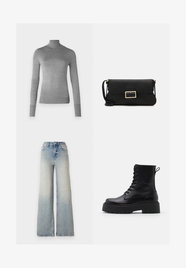 Šedý rolák vyrobený z hladkého pleteného materiálu, s dlouhými rukávy a žebrovanými manžetami a spodním lemem. Jednoduchý a klasický design.; Černý top s dlouhým rukávem vyrobený z hladkého materiálu, s kulatým výstřihem a nařasenými detaily na ramenou a manžetách.; Světle modré široké džínsy vyrobené z denimu, s vysokým pasem, pěti kapsami a viditelným švem podél švů.; Černé kožené kotníkové boty s kulatou špičkou, šněrováním na přední straně a silnou gumovou podešví s texturovaným vzorkem. S poutkem vzadu.; Černá kožená psaníčko s klopou a zlatým kovovým detailním sponou. Součástí je černý popruh a elegantní, minimalistický design.; Zlaté kruhové náušnice, tenké a kulaté, s hladkým kovovým povrchem a bez zdobení či vzorů.