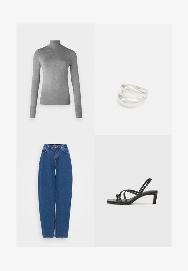 Grauer Rollkragenpullover aus glattem Strickstoff, mit langen Ärmeln sowie gerippter Manschette und Saum. Einfaches und klassisches Design.; Blaue Jeans aus Denim mit lockerer Passform, hohem Bund und geradem Beinschnitt. Mit traditioneller Naht und fünf Taschen.; Schwarze Sandale mit Riemchen, quadratischer Zehenform und niedrigem Blockabsatz. Verfügt über mehrere dünne Riemen und einen verstellbaren Knöchelriemen. Hergestellt aus glattem Leder.; Silberner Doppelring mit einer glatten, polierten Oberfläche. Verfügt über ein fließendes, kurviges Design mit überlappenden Abschnitten für einen modernen Look.