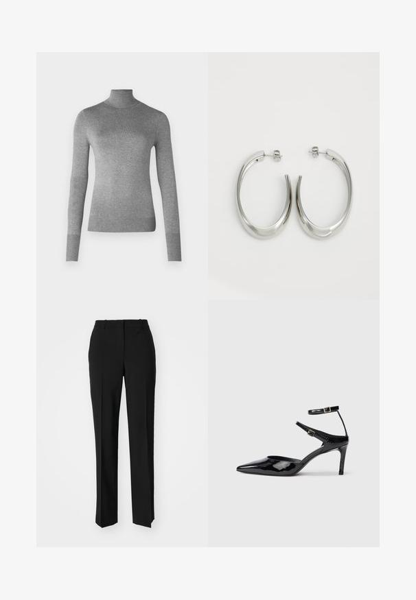 Halli hallide, mugavast kudumistootest valmistatud hall turtleneck-sweater, millel on pikad varrukad ja ribakujulised mansetid ning ääred. Lihtne ja klassikaline disain.; Mustad ja sirged püksid, millel on sile tekstuur ja teravad voldid esiosas. Ilma nähtavate detailideta.; Mustad nahast mustad kontsad terava ninaga, reguleeritavate pahkluu rihmade ja õhukese kontsaga. Sile tekstuur läikiva viimistlusega.; Hõbe rõngas kõrvarõngad, millel on sujuv ja kõver kuju. Omab läikivat metallist viimistlust ja nupuga sulgemist. Pole nähtavaid mustreid ega aksessuaare.